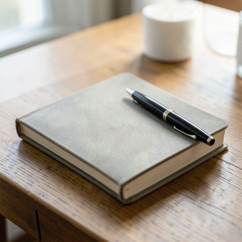 Stack of cozy notebooks and a pen on a wooden desk in soft natural light