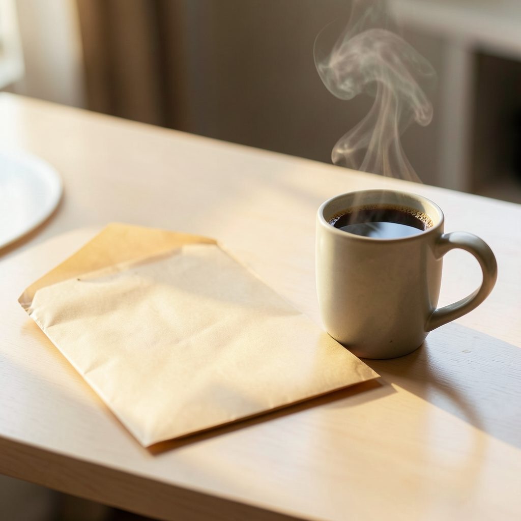 Envelope and a steaming coffee mug on a light tabletop in warm morning light